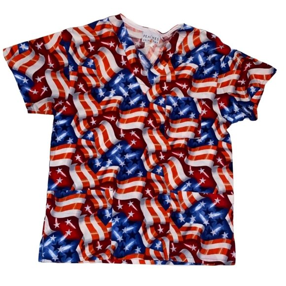 Peaches Patriotic Flag Medical V Neck Scrub Top - Picture 1 of 8